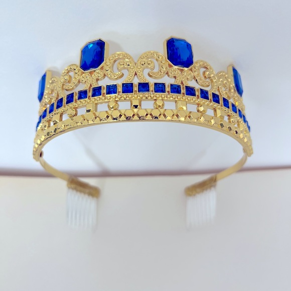 New Girls Disney Cinderella Gold Colored Tiara with Blue Jewels Metal Crown - Picture 6 of 15